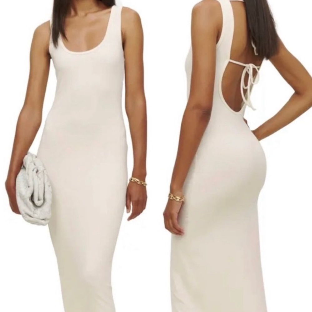 Reformation Nero Open Back Body Con Ivory Knit Midi Dress